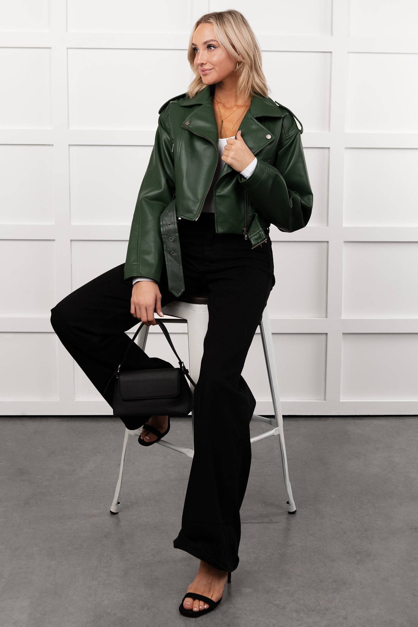 Rule Maker Faux Leather Cropped Jacket (Hunter Green) - NanaMacs