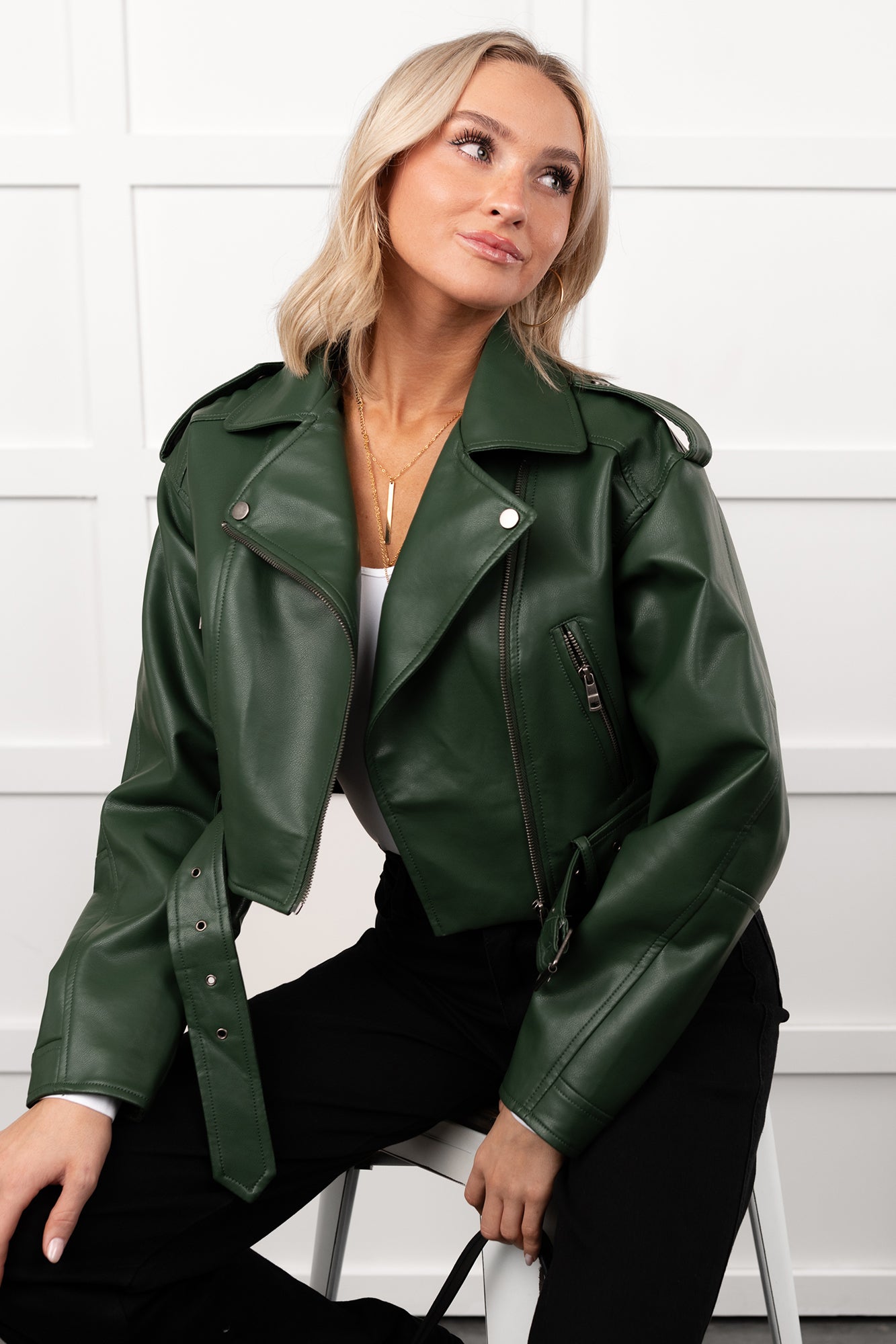 Rule Maker Faux Leather Cropped Jacket (Hunter Green) - NanaMacs