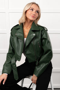 Rule Maker Faux Leather Cropped Jacket (Hunter Green) - NanaMacs