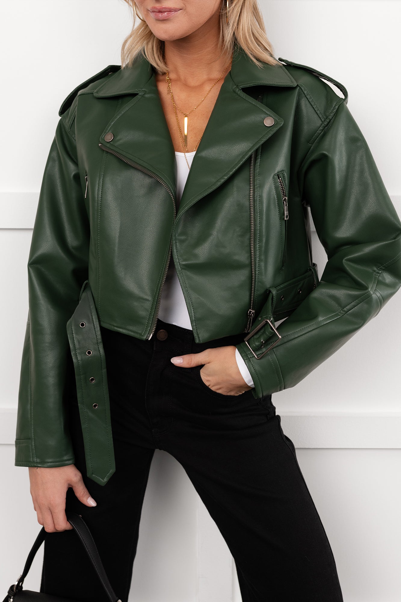 Rule Maker Faux Leather Cropped Jacket (Hunter Green) - NanaMacs