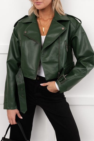 Rule Maker Faux Leather Cropped Jacket (Hunter Green) - NanaMacs