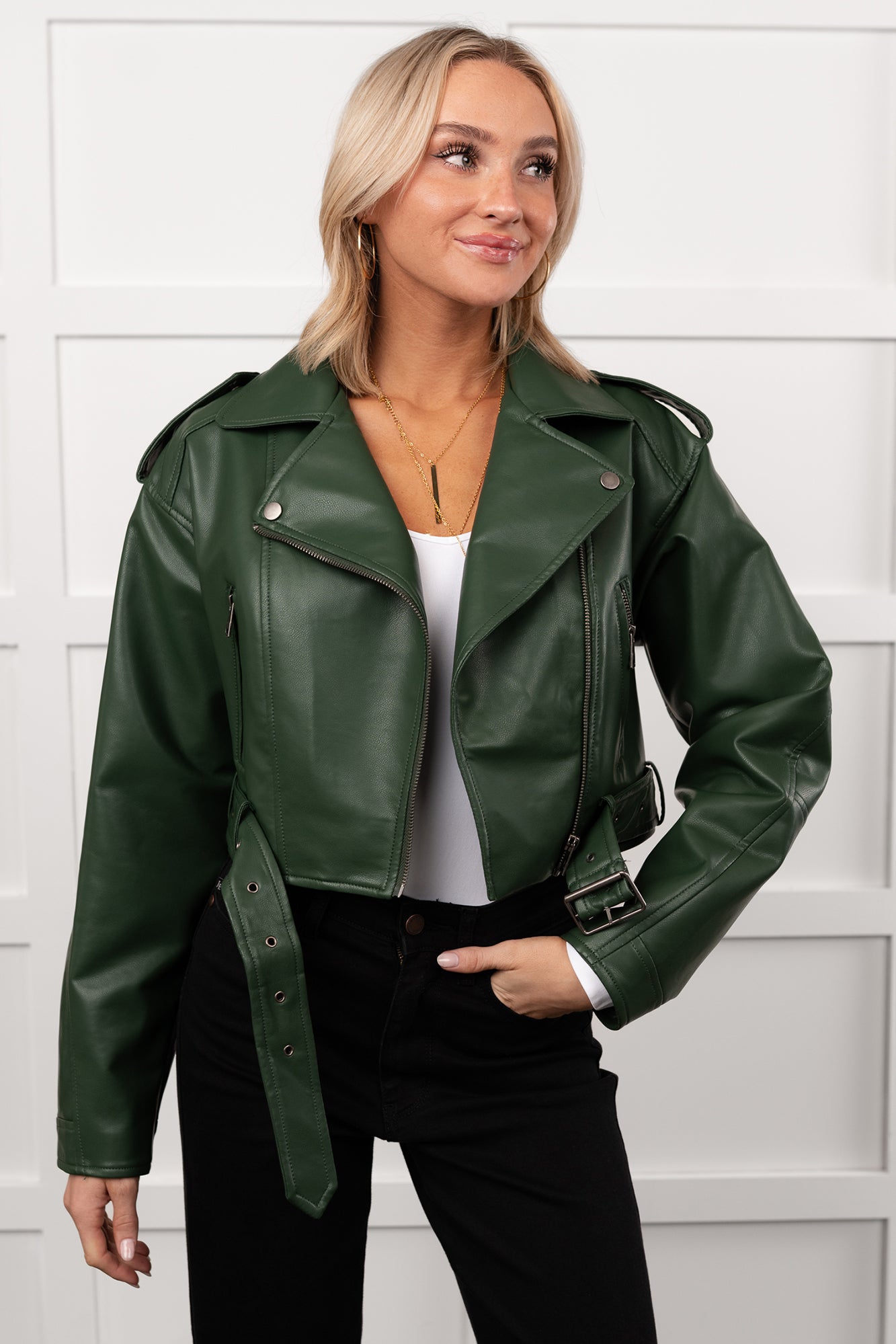 Rule Maker Faux Leather Cropped Jacket (Hunter Green) - NanaMacs