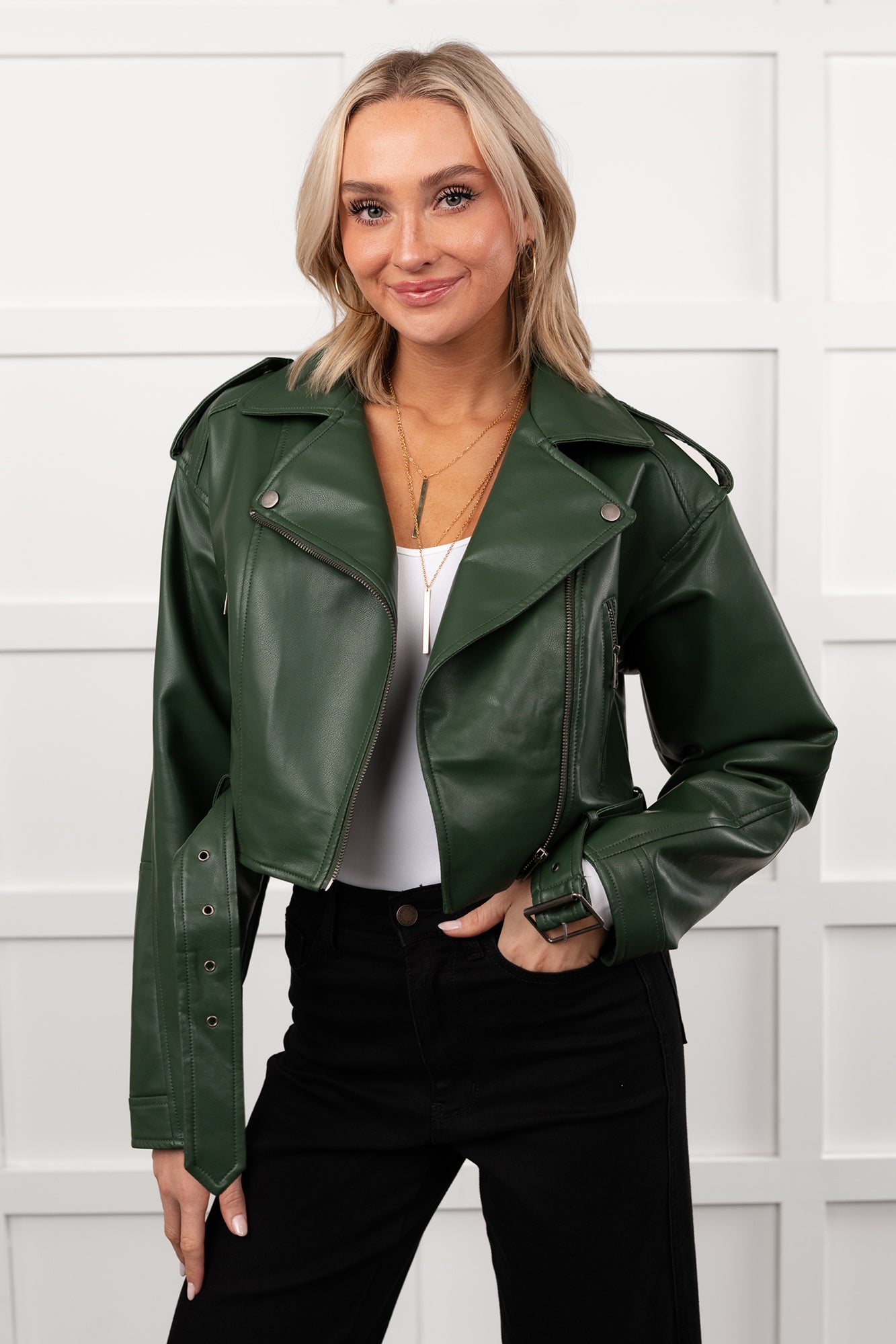 Rule Maker Faux Leather Cropped Jacket (Hunter Green) - NanaMacs