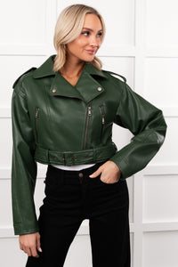 Rule Maker Faux Leather Cropped Jacket (Hunter Green) - NanaMacs