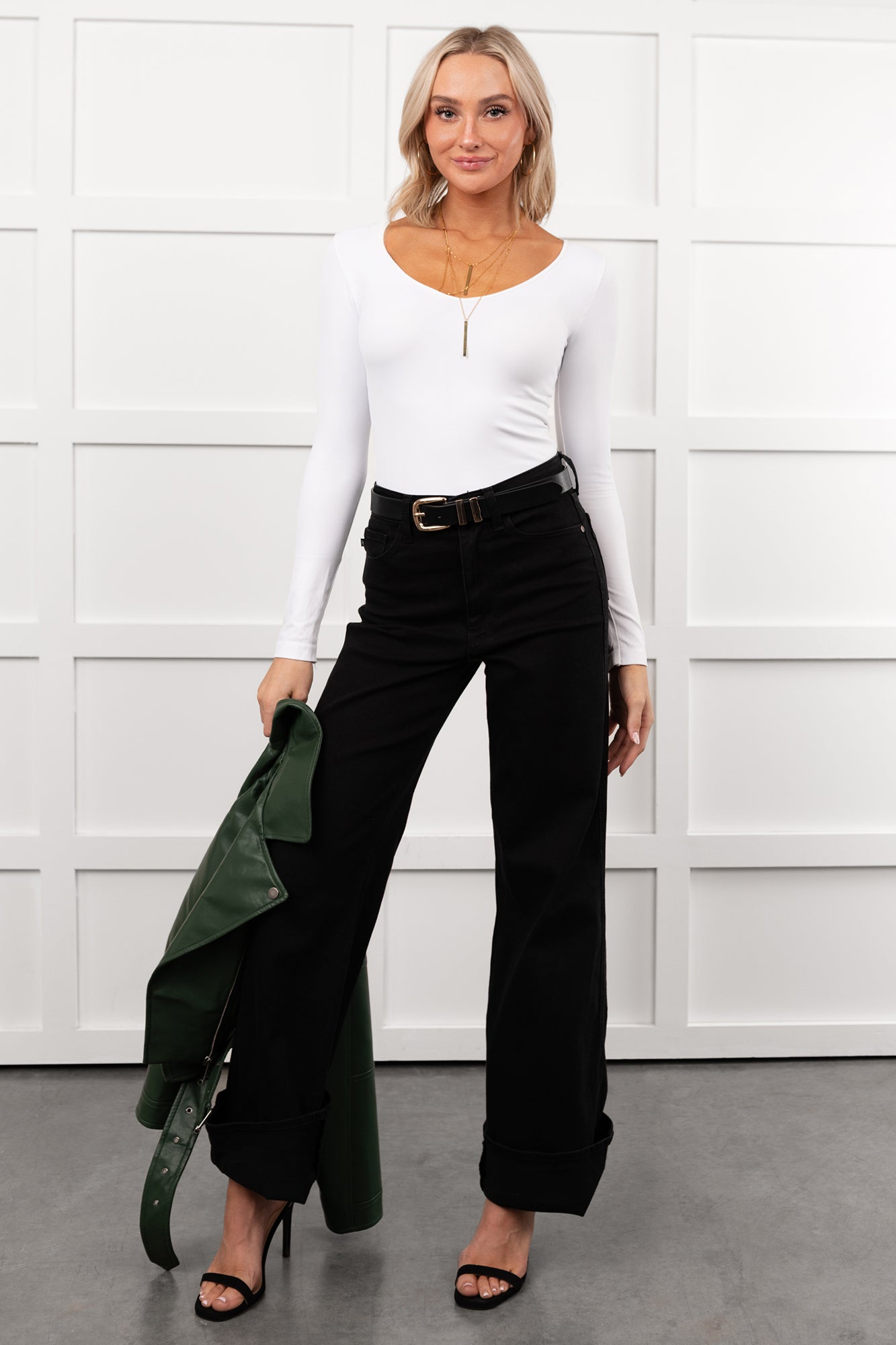 Mara Wide Leg Cuffed Judy Blue Stretchy Jeans (Black) - NanaMacs