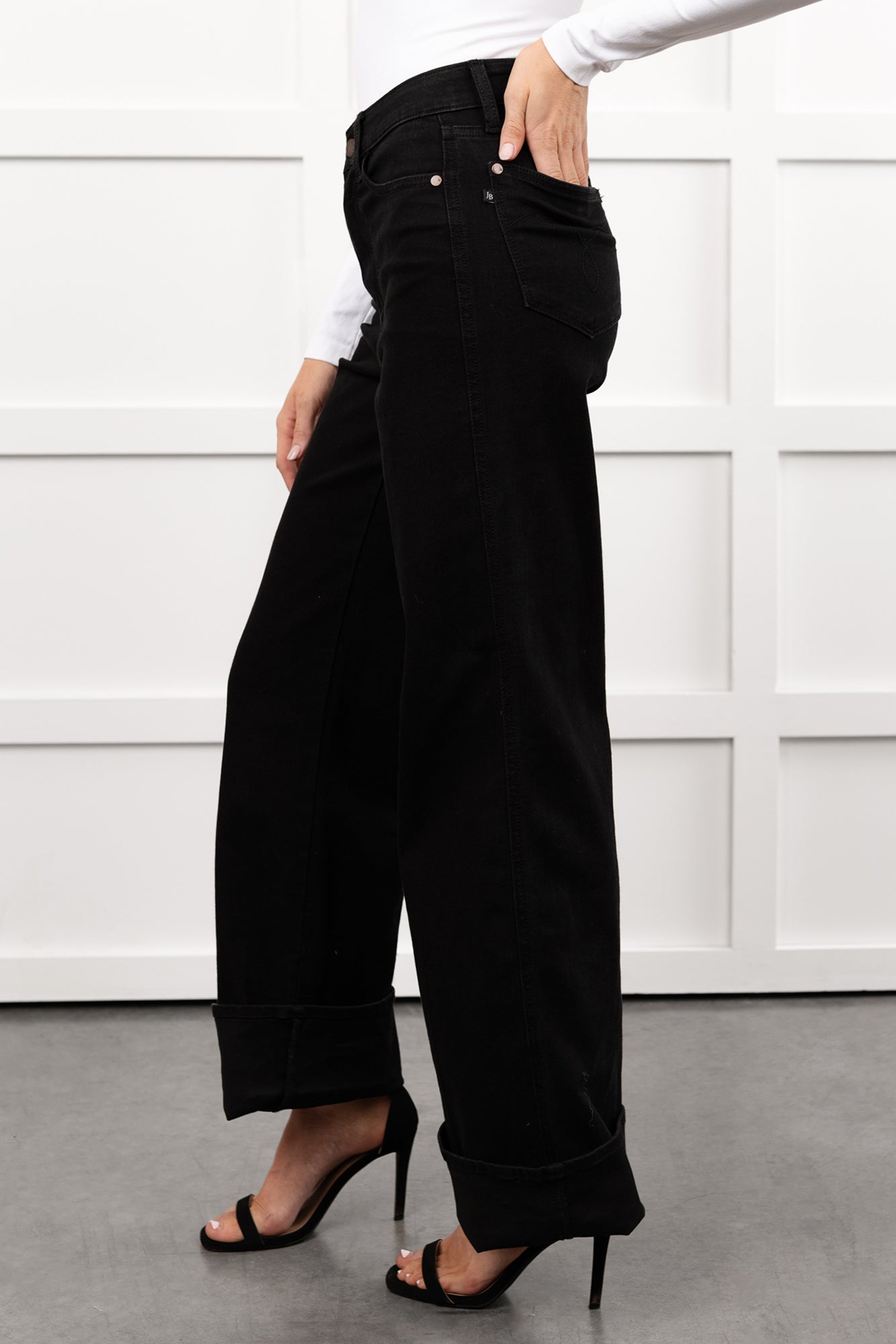 Mara Wide Leg Cuffed Judy Blue Stretchy Jeans (Black) - NanaMacs