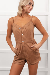 Groovy Glow Sleeveless Faux Suede Romper (Camel)