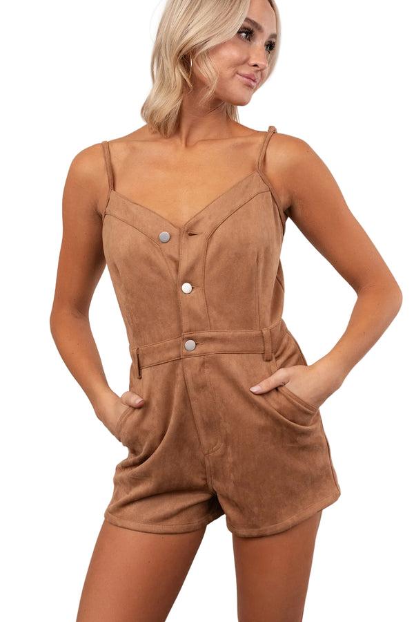 Groovy Glow Sleeveless Faux Suede Romper (Camel) - NanaMacs