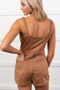 Groovy Glow Sleeveless Faux Suede Romper (Camel)