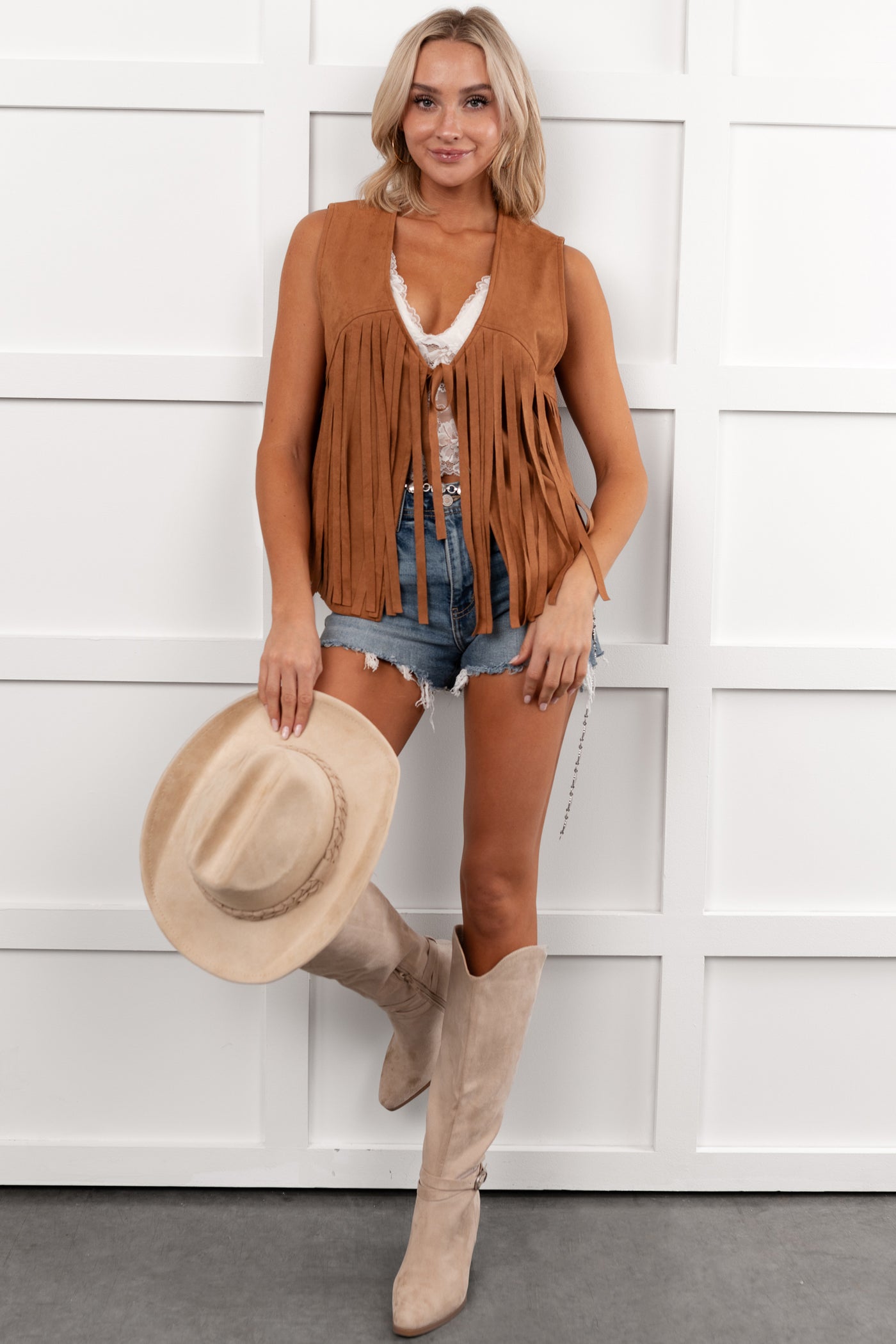 Barnwood Love Faux Suede Fringe Detail Vest (Camel) - NanaMacs