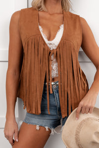 Barnwood Love Faux Suede Fringe Detail Vest (Camel) - NanaMacs