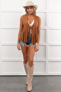 Barnwood Love Faux Suede Fringe Detail Vest (Camel) - NanaMacs