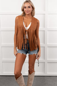 Barnwood Love Faux Suede Fringe Detail Vest (Camel) - NanaMacs