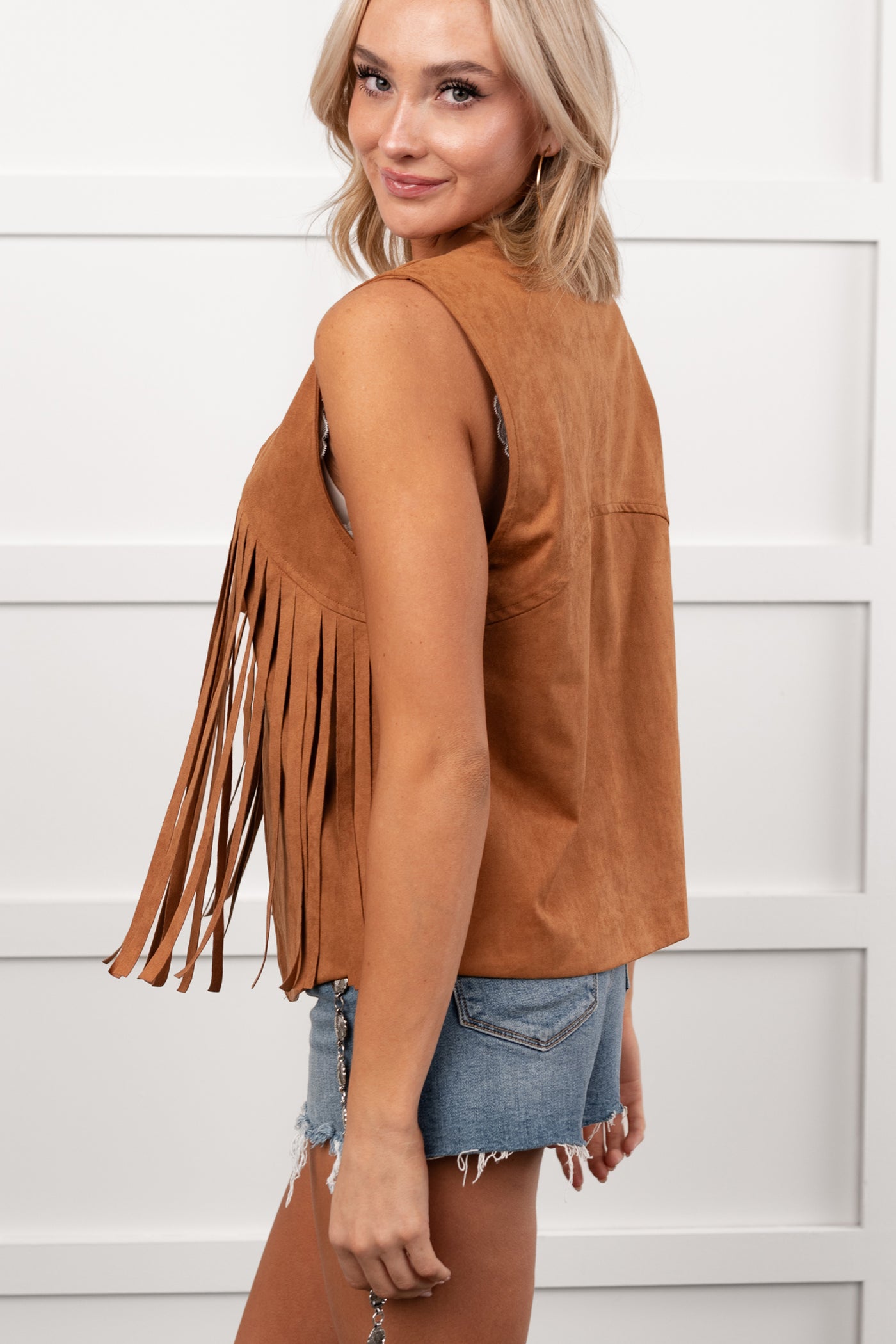 Barnwood Love Faux Suede Fringe Detail Vest (Camel) - NanaMacs