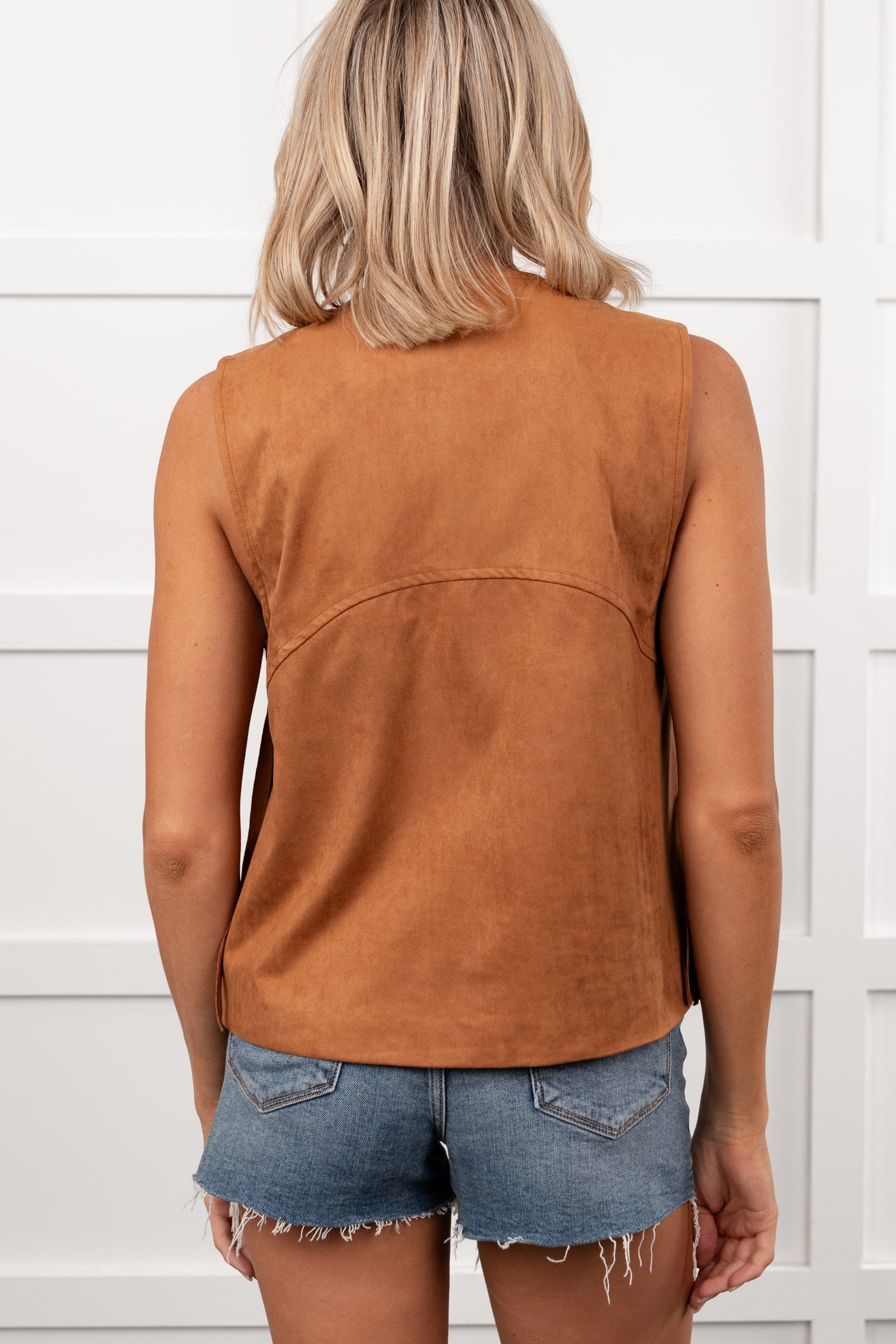 Barnwood Love Faux Suede Fringe Detail Vest (Camel) - NanaMacs