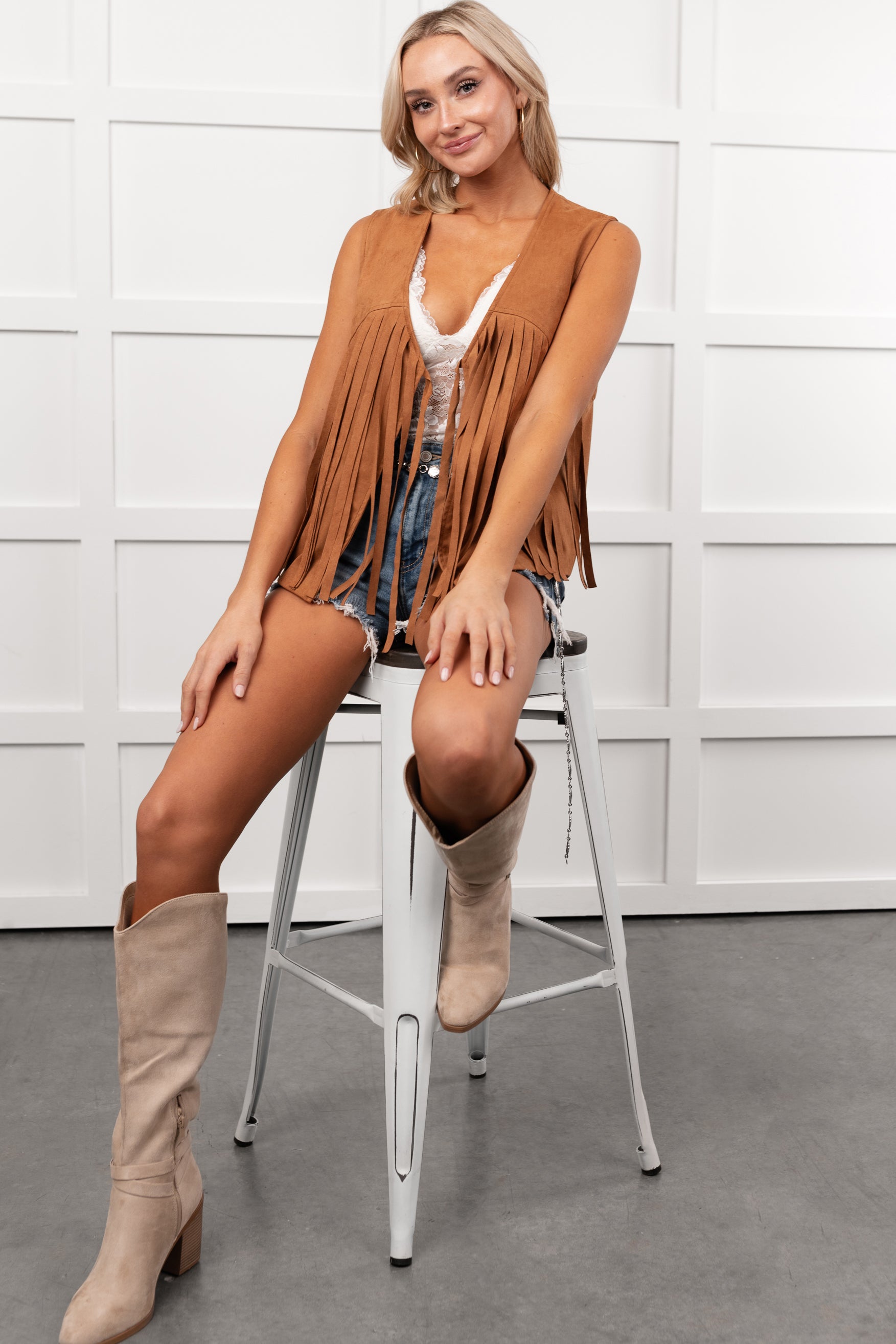 Barnwood Love Faux Suede Fringe Detail Vest (Camel) - NanaMacs