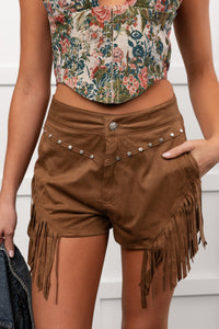 Hats Off Here High Rise Suede Fringe Shorts (Mocha) - NanaMacs
