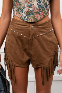 Hats Off Here High Rise Suede Fringe Shorts (Mocha) - NanaMacs