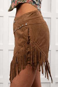 Hats Off Here High Rise Suede Fringe Shorts (Mocha) - NanaMacs