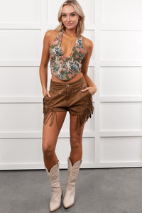 Hats Off Here High Rise Suede Fringe Shorts (Mocha) - NanaMacs