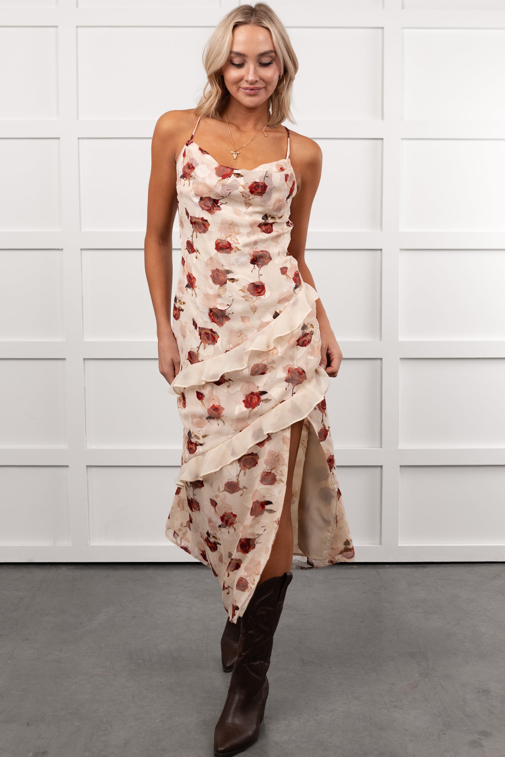 Inner Goddess Sleeveless Floral Midi Dress (Cream)