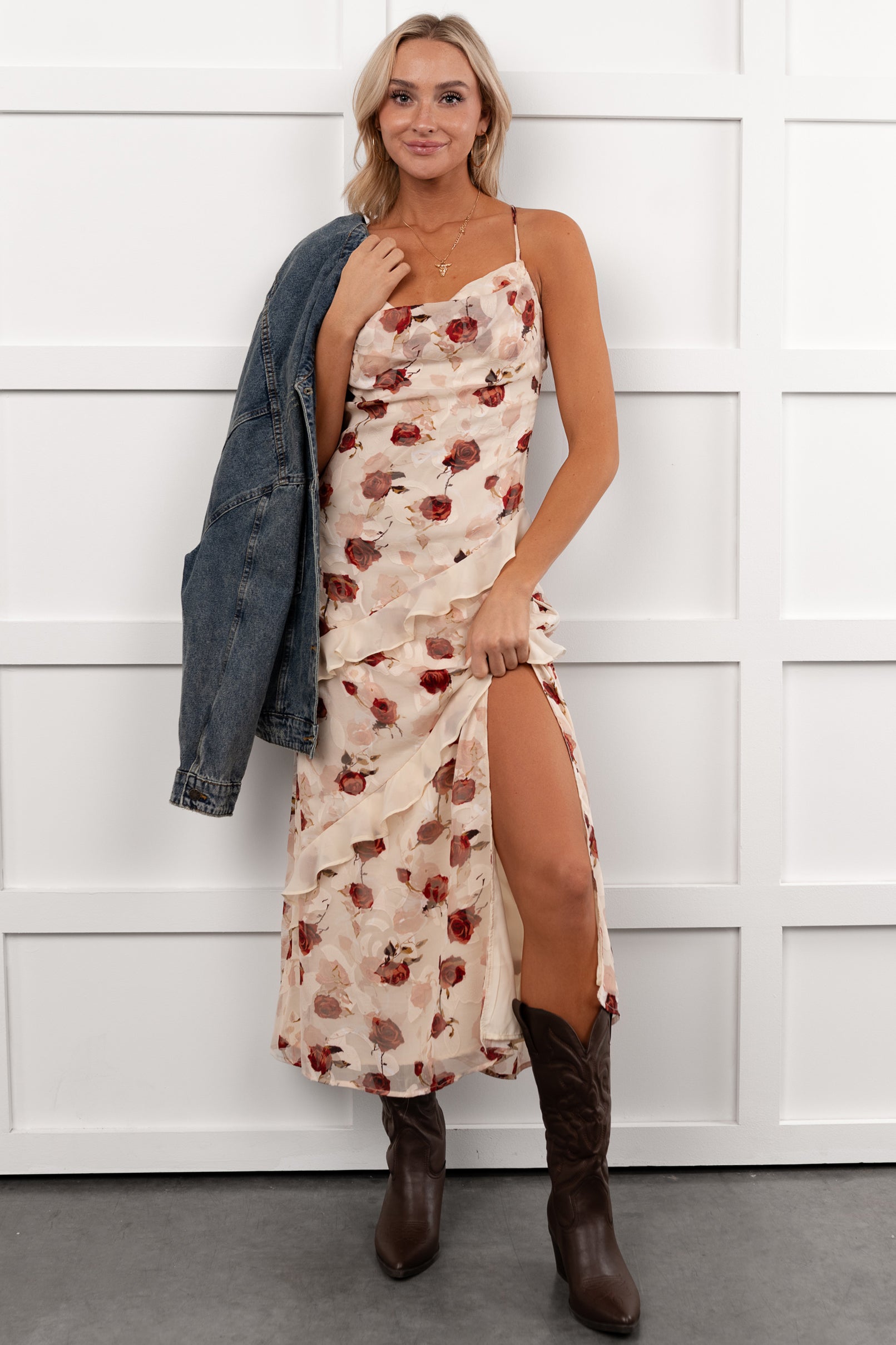 Inner Goddess Sleeveless Floral Midi Dress (Cream)