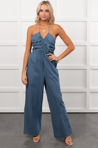 Been Done Before Halter Tie Wide Leg Jumpsuit (Denim) - NanaMacs