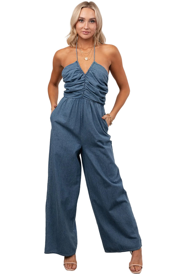 Been Done Before Halter Tie Wide Leg Jumpsuit (Denim) - NanaMacs
