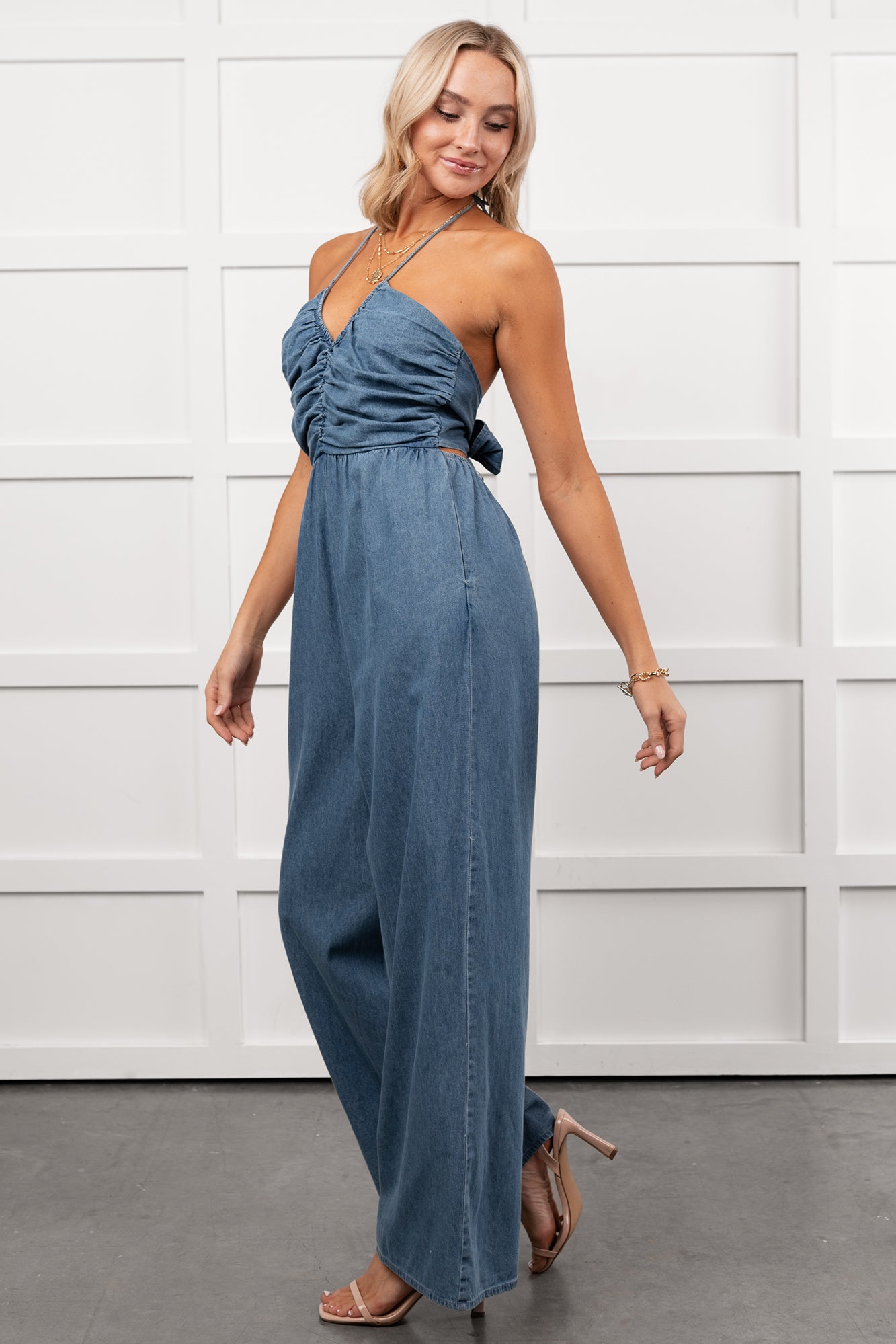 Been Done Before Halter Tie Wide Leg Jumpsuit (Denim) - NanaMacs