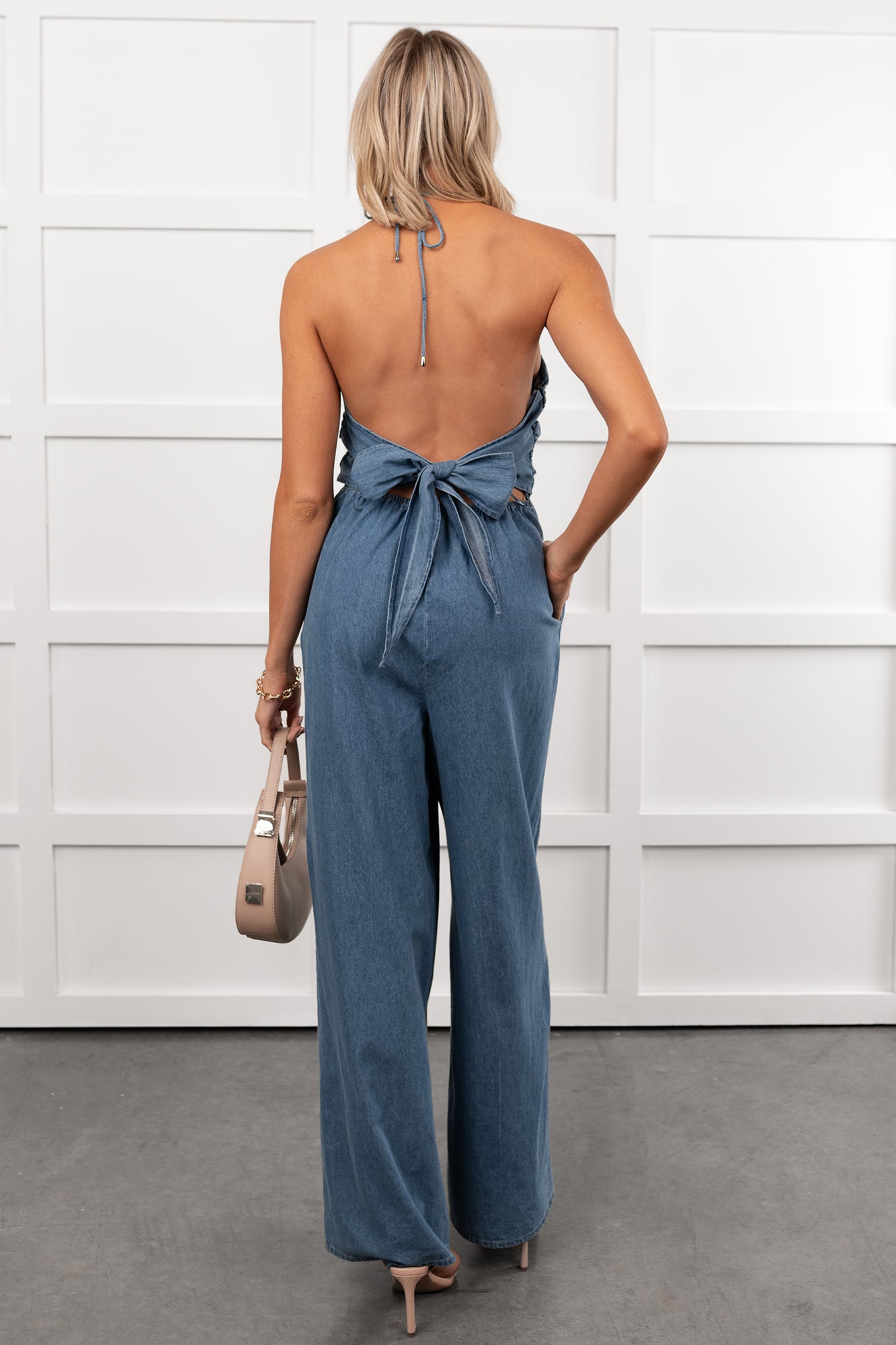 Been Done Before Halter Tie Wide Leg Jumpsuit (Denim) - NanaMacs