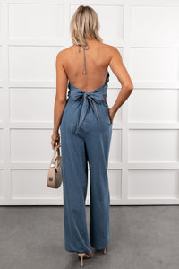 Been Done Before Halter Tie Wide Leg Jumpsuit (Denim) - NanaMacs