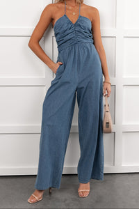 Been Done Before Halter Tie Wide Leg Jumpsuit (Denim) - NanaMacs