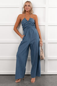 Been Done Before Halter Tie Wide Leg Jumpsuit (Denim) - NanaMacs