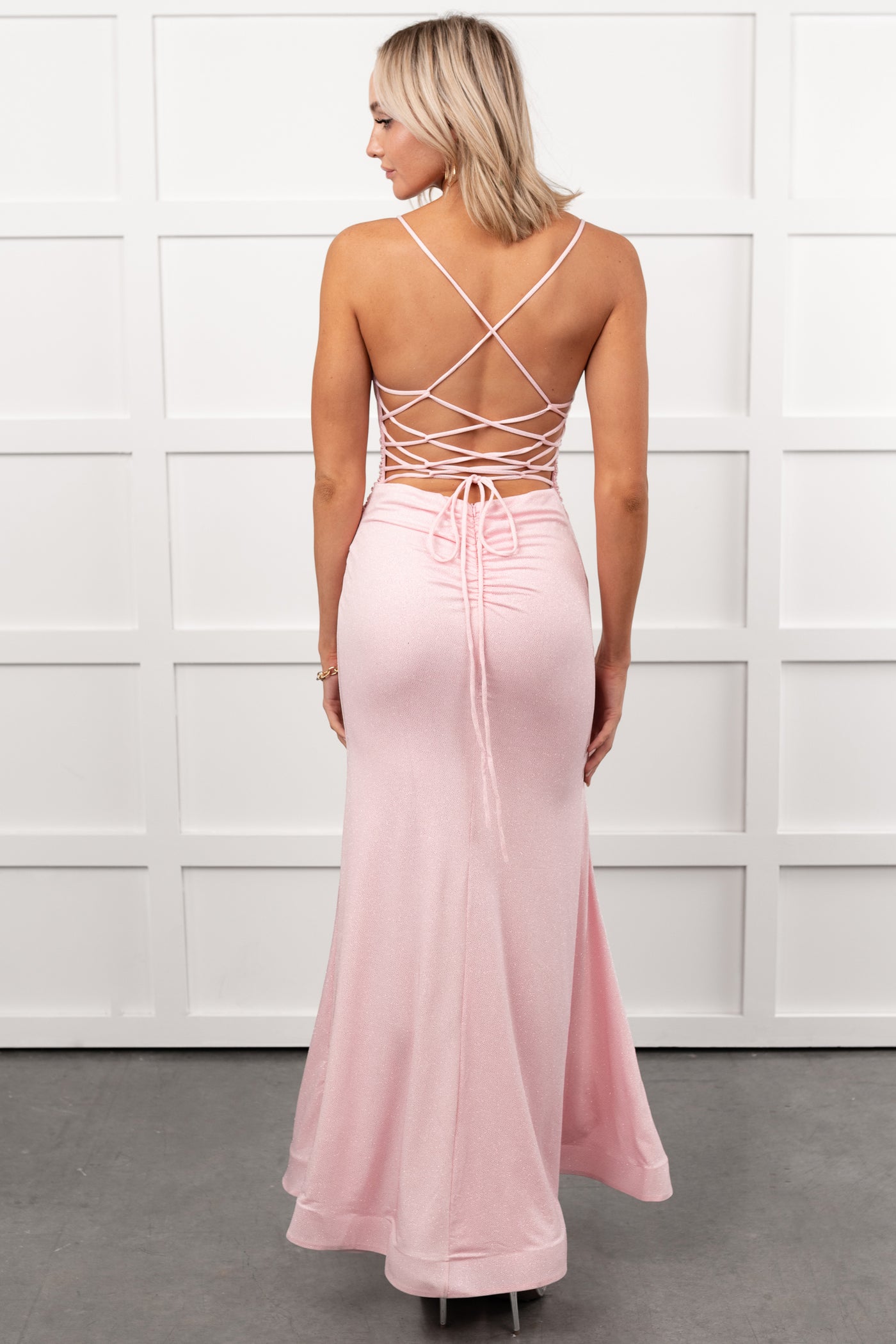 Hollywood Smiles Glittered Lace-Up Maxi Dress (Pink/Pink) - NanaMacs