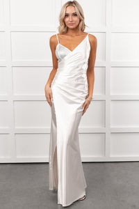 Signature Elegance Asymmetric Rhinestone Maxi Dress (Off White)
