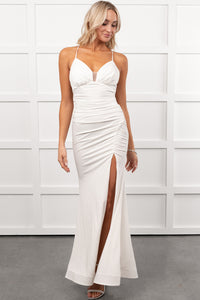 Hollywood Smiles Glittered Lace-Up Maxi Dress (Off White/Silver) - NanaMacs