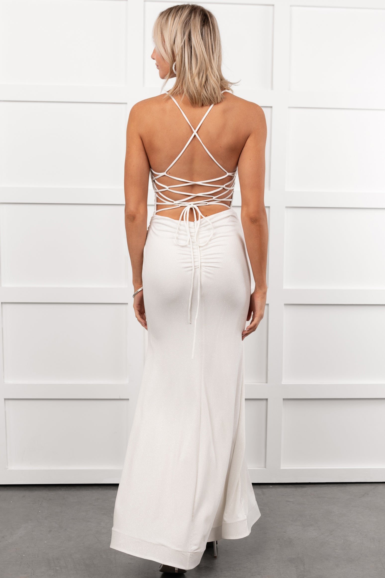 Hollywood Smiles Glittered Lace-Up Maxi Dress (Off White/Silver) - NanaMacs