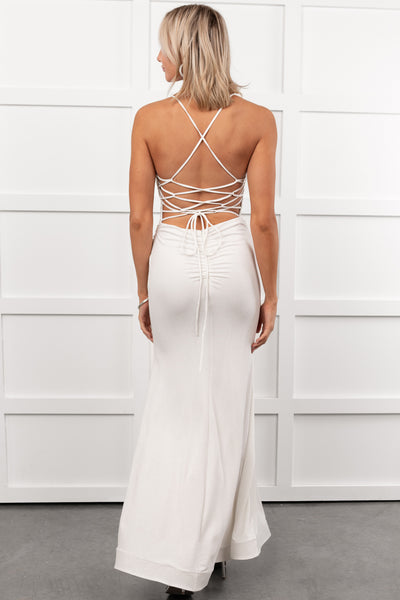 Hollywood Smiles Glittered Lace-Up Maxi Dress (Off White/Silver)