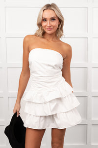 Bat Your Lashes Tiered Strapless Mini Dress (White) - NanaMacs