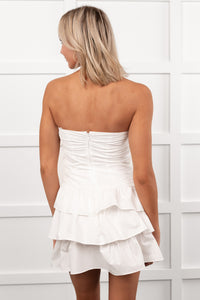 Bat Your Lashes Tiered Strapless Mini Dress (White) - NanaMacs