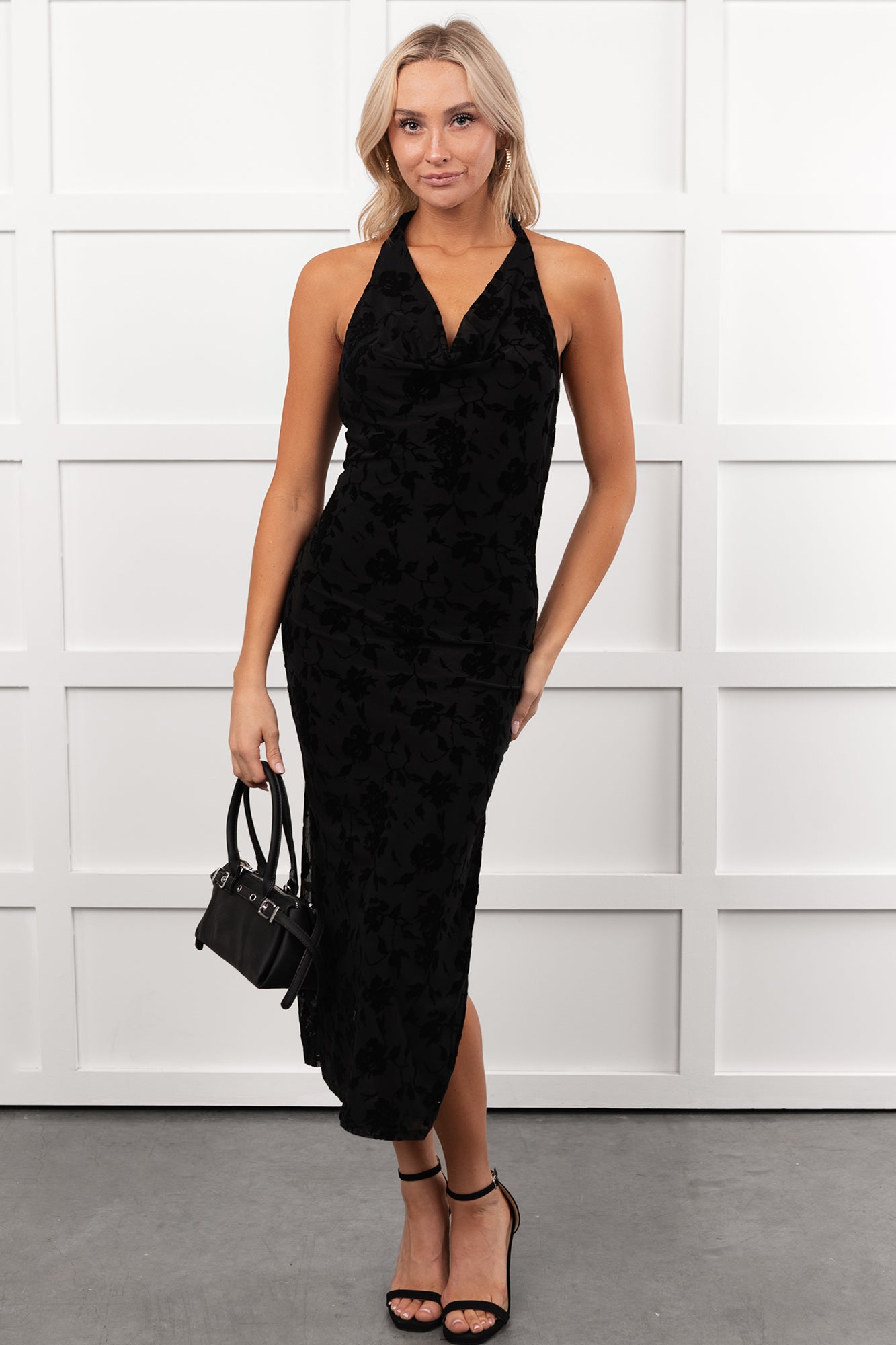 Champagne Mood Floral Halter Midi Dress (Black) - NanaMacs