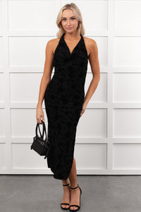 Champagne Mood Floral Halter Midi Dress (Black) - NanaMacs