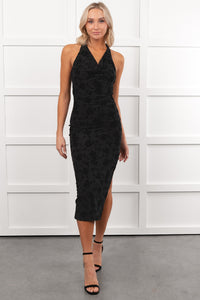 Champagne Mood Floral Halter Midi Dress (Black) - NanaMacs