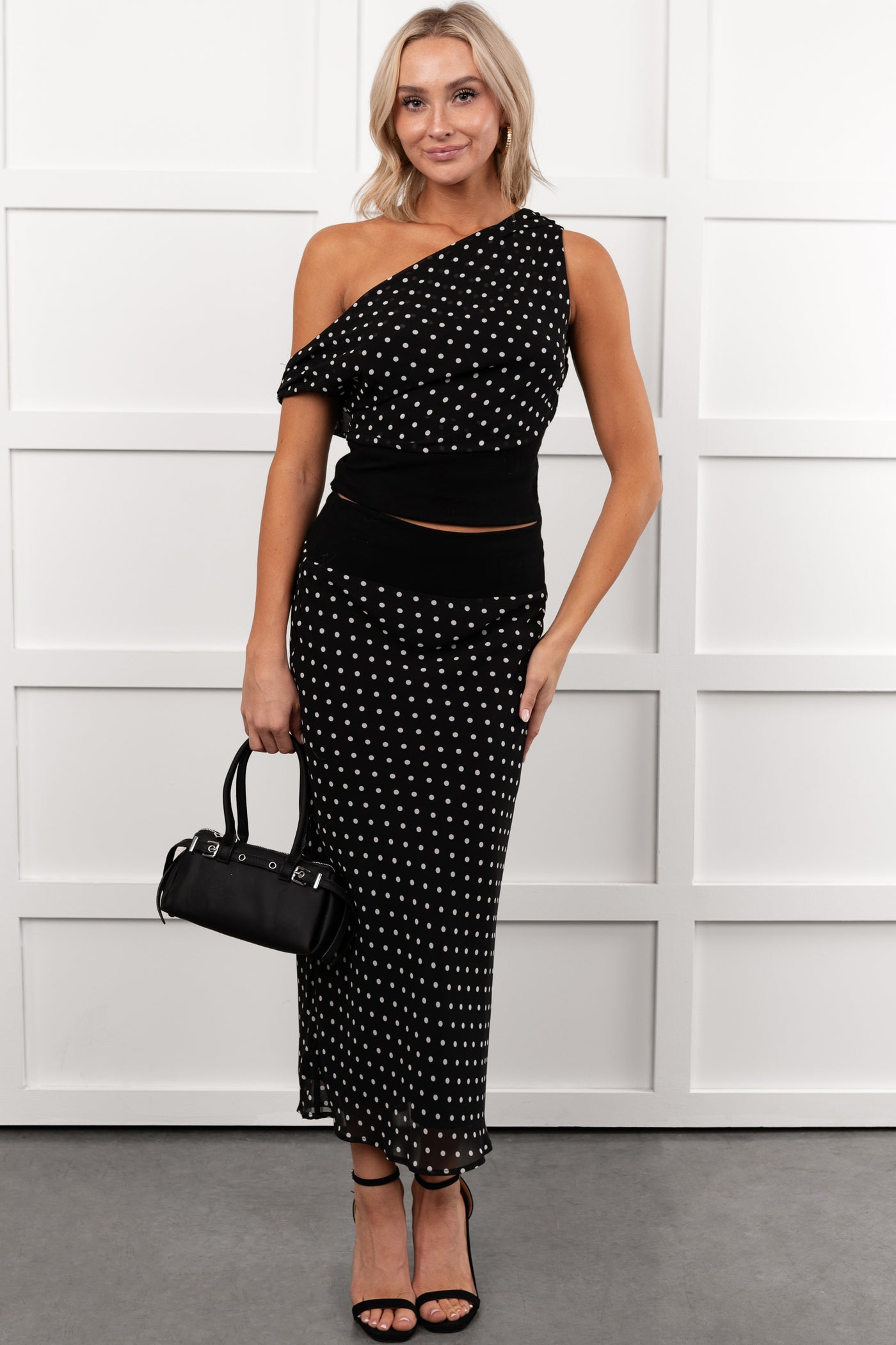 white top black skirt dress LE LIS Women's Heat Of It Polka-Dot One Shoulder Top Midi Skirt Set in Black/White