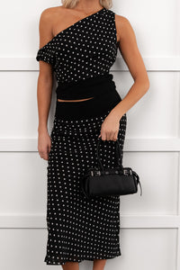 Heat Of It Polka-Dot One Shoulder Top Midi Skirt Set (Black/White)