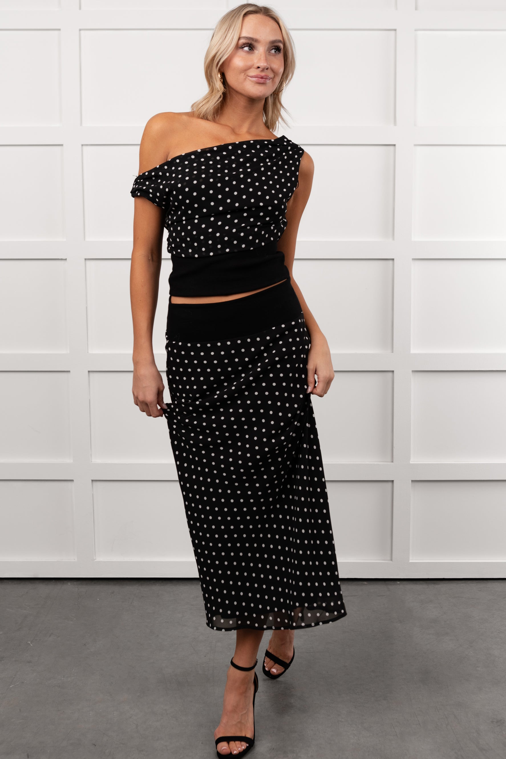 Heat Of It Polka-Dot One Shoulder Top Midi Skirt Set (Black/White)