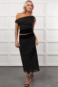 Heat Of It Polka-Dot One Shoulder Top Midi Skirt Set (Black/White)