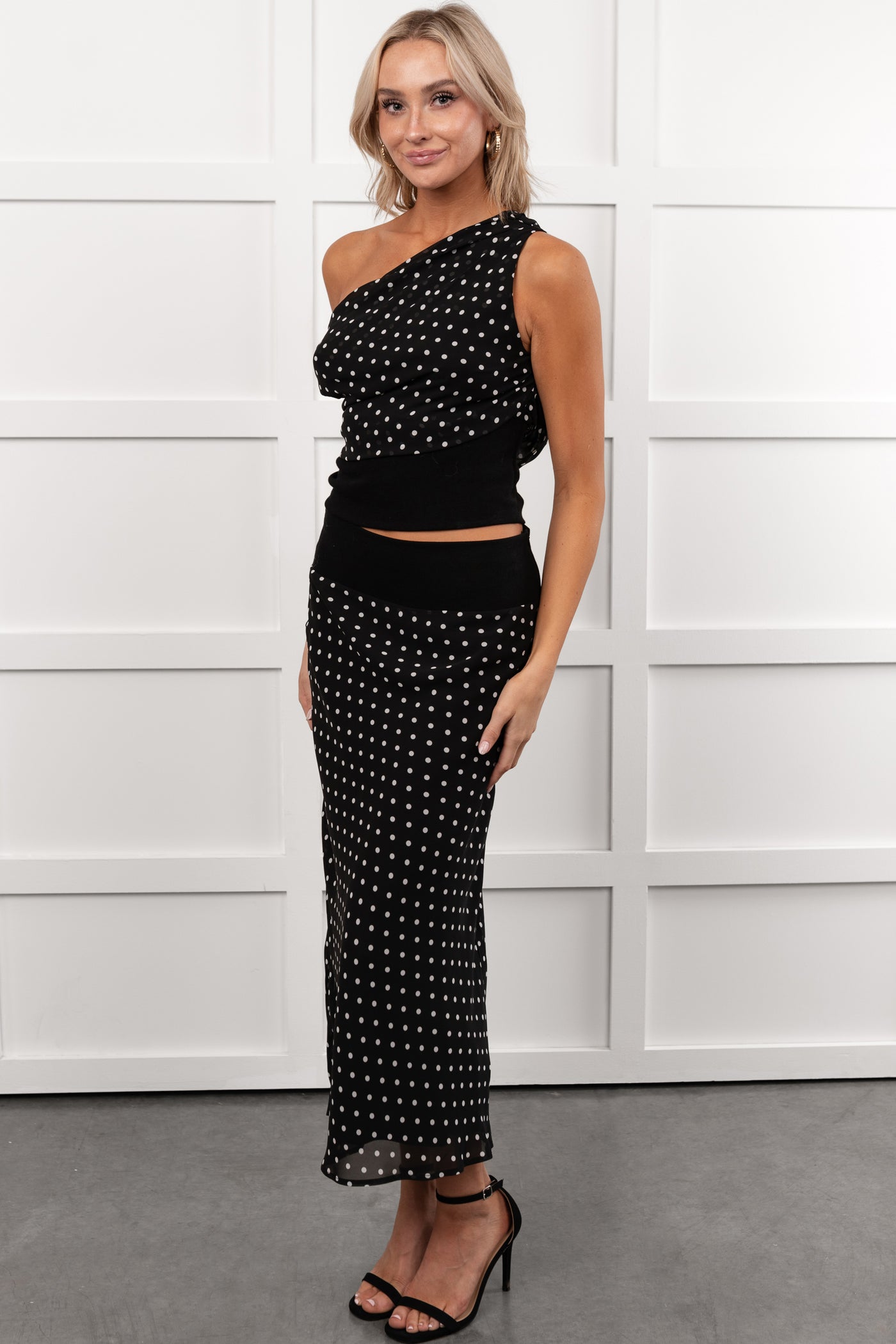 Heat Of It Polka-Dot One Shoulder Top Midi Skirt Set (Black/White)