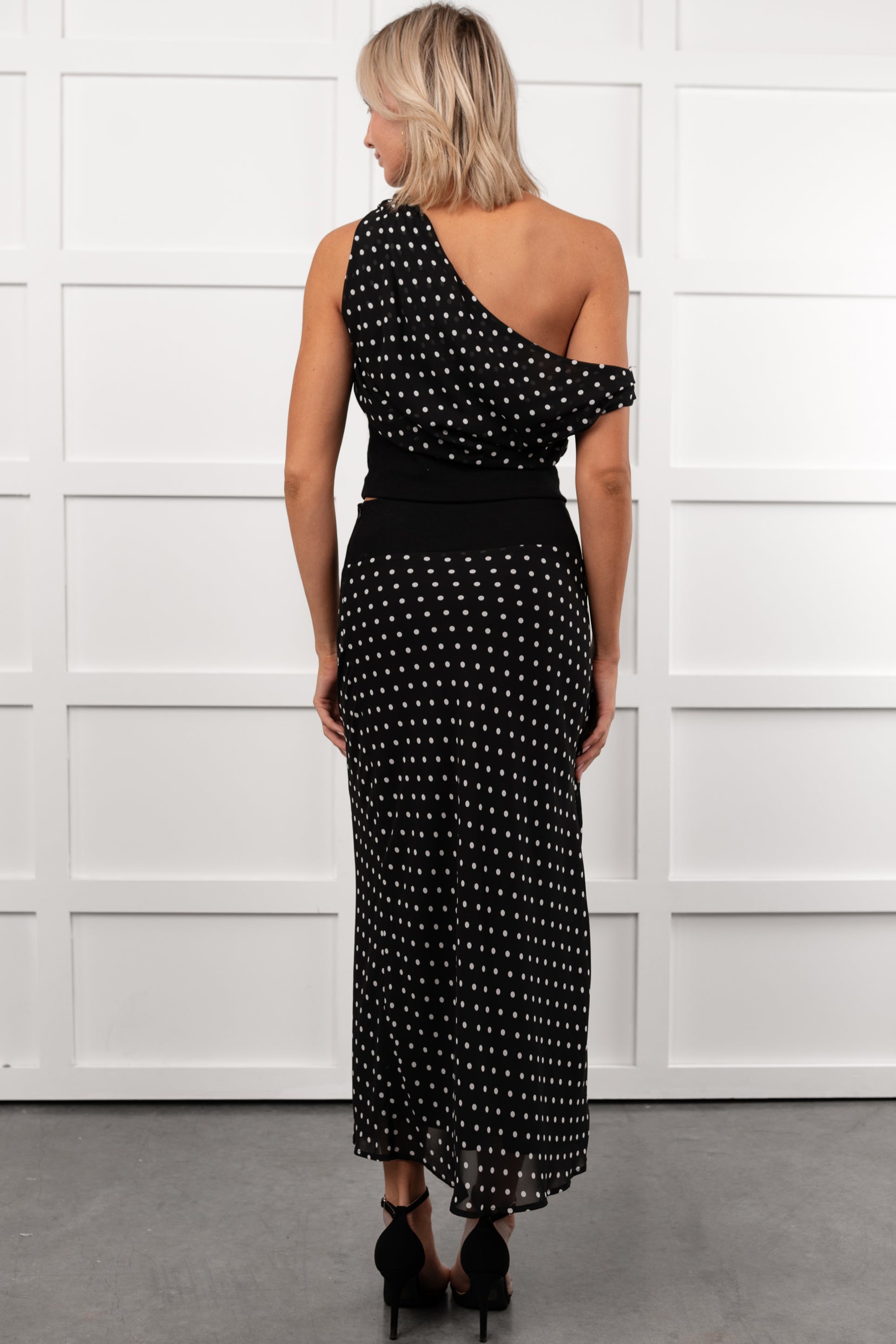 Heat Of It Polka-Dot One Shoulder Top Midi Skirt Set (Black/White)