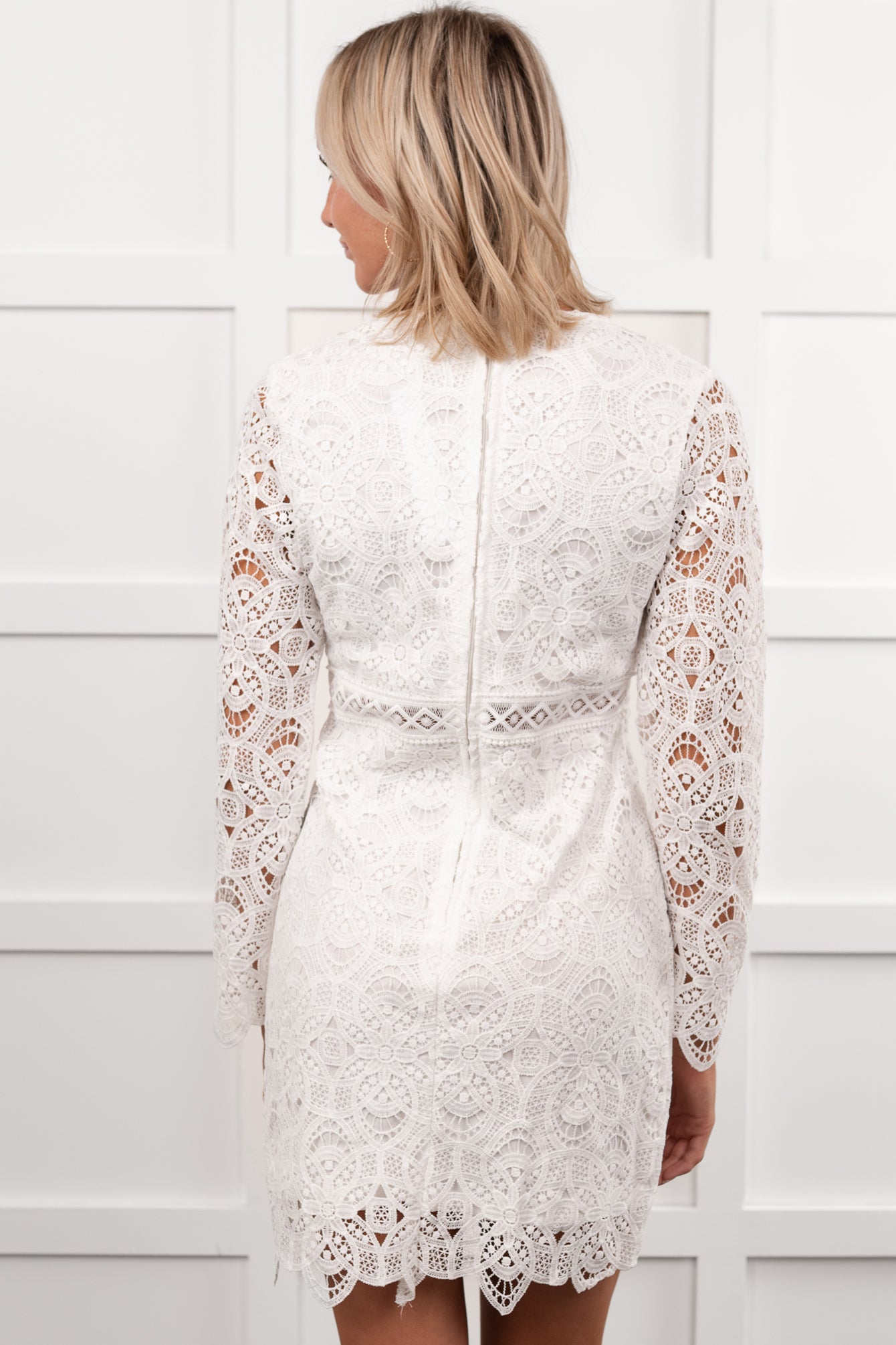 White Deep V Long Sleeve Lace Mini Dress White Deep V Long Sleeve Lace Mini Dress